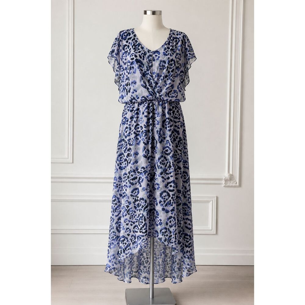 Adrianna Papell Blue Leopard Print Chiffon High Low Maxi Dress 18W XL - Picture 12 of 12
